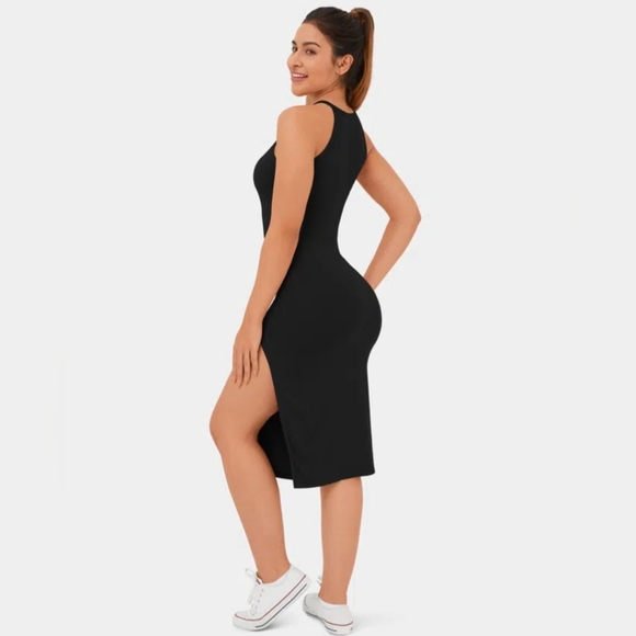 NWT HALARA Black Ribbed Knit Round Neck Split Bodycon Midi Casual Dress, US S - Picture 5 of 6